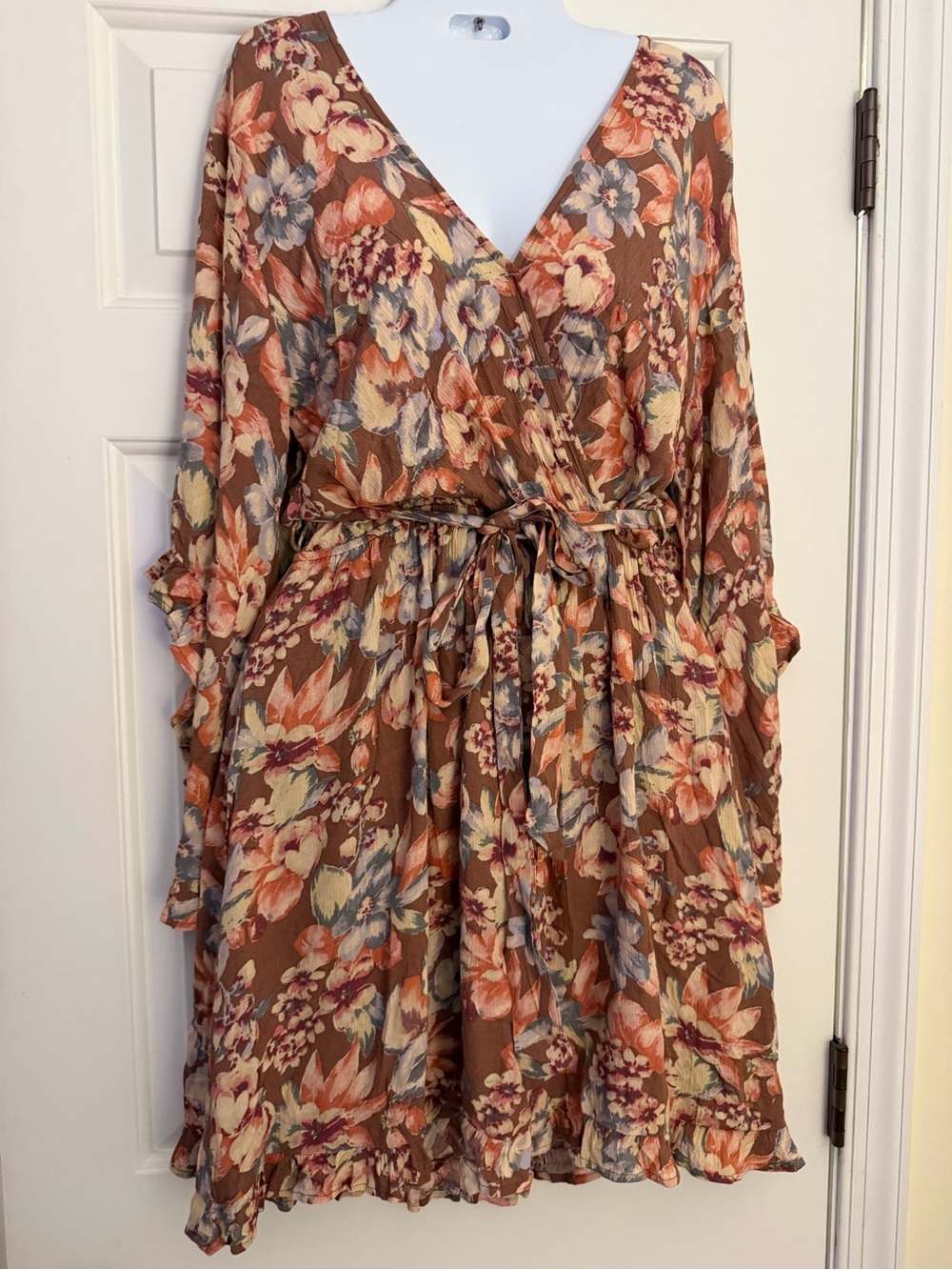 Dress Forum Small Floral Ruffle Midi Dress Brown Boho Long Sleeve